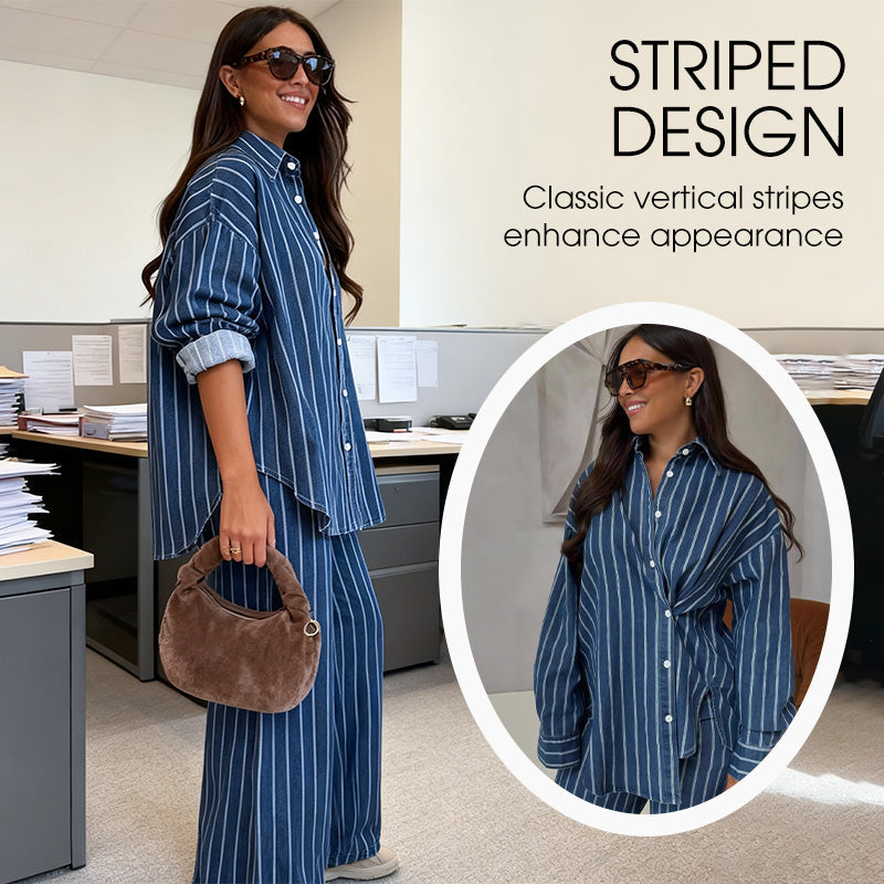 Women's casual striped shirt and pants set by Arenzza, featuring a stylish, comfortable matching outfit for everyday wear.