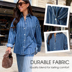 A woman wearing Arenzza women's casual striped shirt and matching pants set, featuring a relaxed fit and stylish design.
