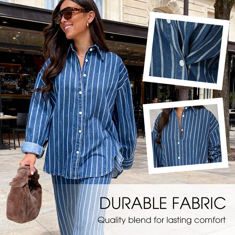 A woman wearing Arenzza women's casual striped shirt and matching pants set, featuring a relaxed fit and stylish design.
