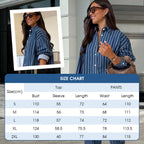 A woman wearing Arenzza's casual striped shirt and matching pants set, showcasing a relaxed, stylish outfit.