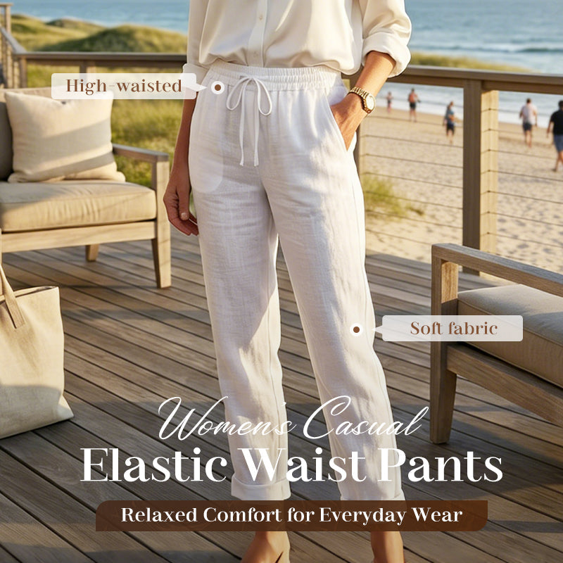 Women's elastic waist cotton linen wide-leg pants by Arenzza, showcasing relaxed fit and breathable fabric for casual wear.