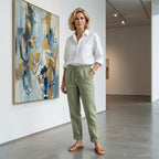 Women’s elastic waist cotton linen wide-leg pants by Arenzza, shown in a relaxed fit with flowing fabric and wide-leg design.