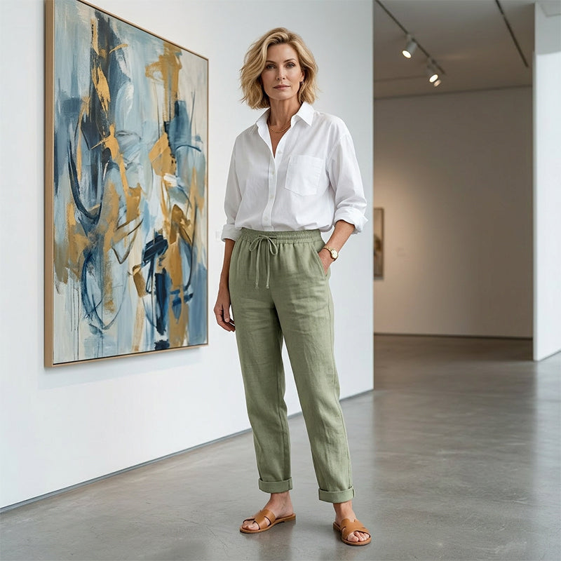 Women’s elastic waist cotton linen wide-leg pants by Arenzza, shown in a relaxed fit with flowing fabric and wide-leg design.