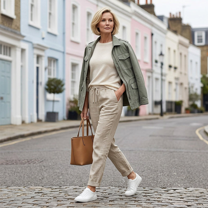 Women's elastic waist cotton linen wide-leg pants by Arenzza, showing the relaxed fit and lightweight fabric.