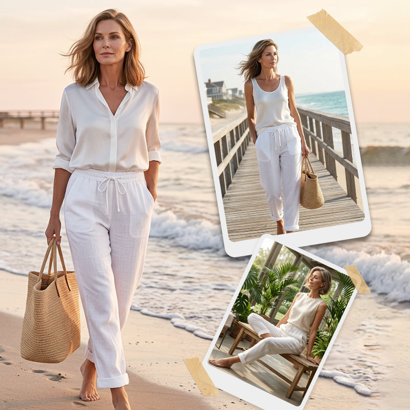 Women's elastic waist cotton linen wide-leg pants by Arenzza, showing the relaxed fit and lightweight fabric.