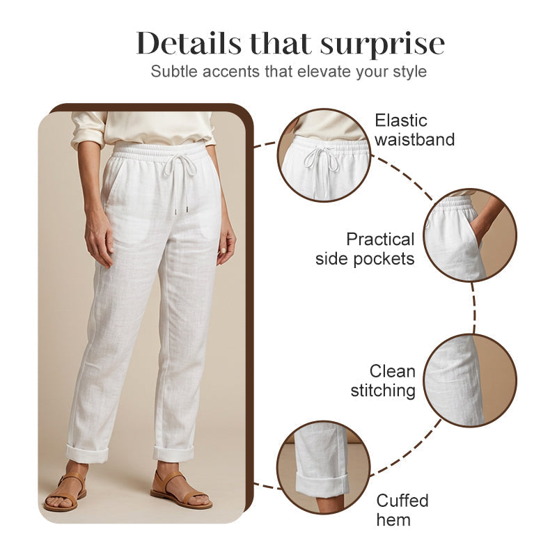 Women's elastic waist cotton linen wide-leg pants by Arenzza, shown in a relaxed fit with flowy fabric and wide leg design.