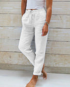 Women's elastic waist cotton linen wide-leg pants by Arenzza, shown in a relaxed fit with a flowy, breathable fabric.