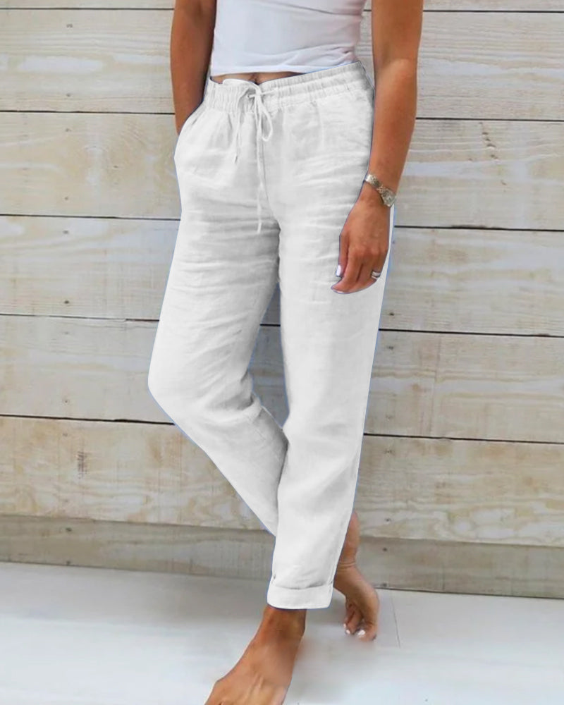 Women's elastic waist cotton linen wide-leg pants by Arenzza, shown in a relaxed fit with a flowy, breathable fabric.