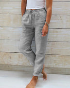 Women's elastic waist cotton linen wide-leg pants by Arenzza, shown in a relaxed fit with a flowy silhouette and neutral color.