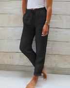 Women's cotton linen wide leg pants with elastic waist from Arenzza, showcasing a relaxed fit and breathable fabric in neutral tones.
