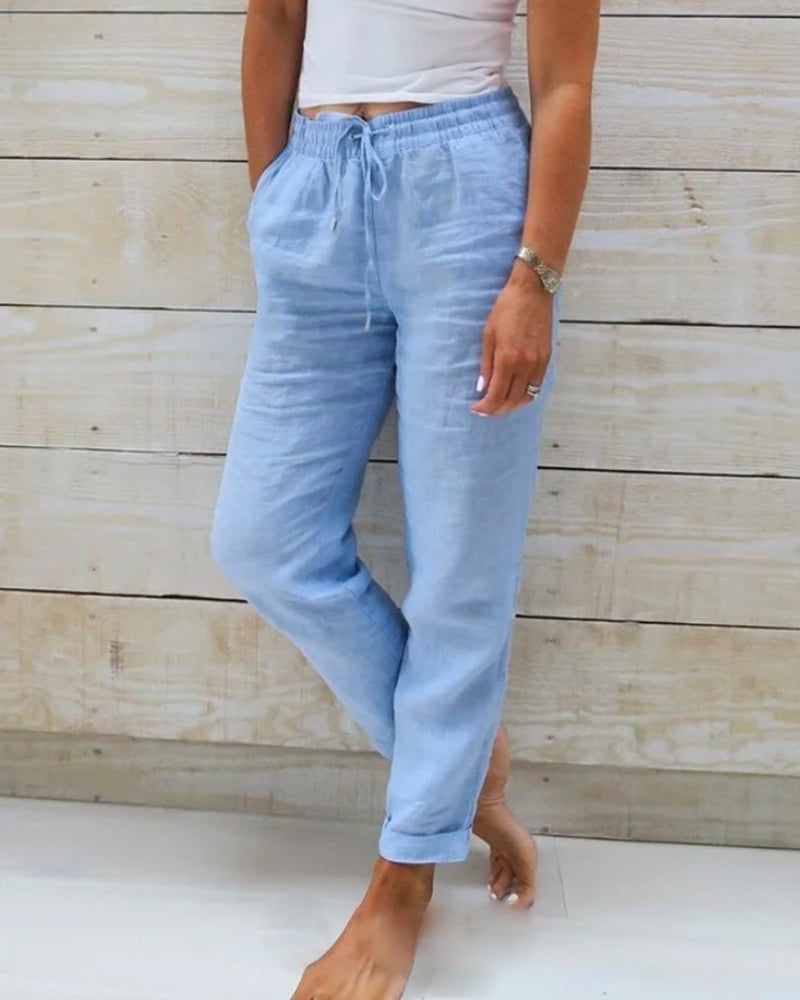 Women's elastic waist cotton linen wide-leg pants by Arenzza, shown in beige with a relaxed fit and flowing wide-leg style.