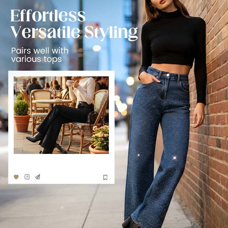 Women’s stylish rhinestone embellished jeans by Arenzza, featuring fitted denim with sparkling rhinestone details for a trendy look.
