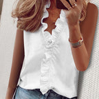 Aarenza women's casual sleeveless V-neck top in soft fabric, shown in a relaxed fit on a model, perfect for warm weather.