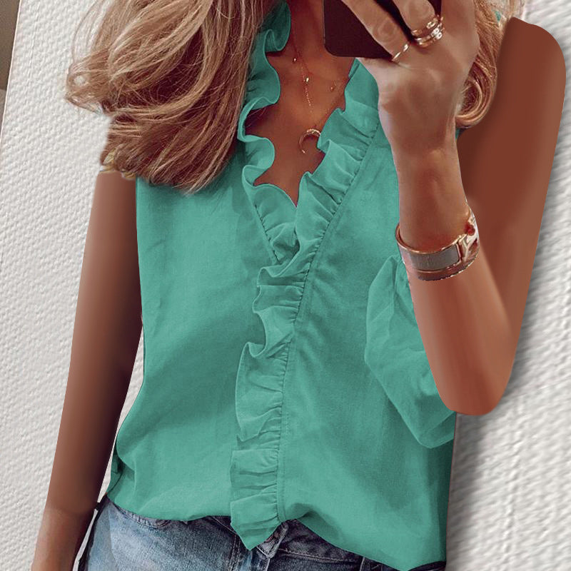 Arenzza women's casual sleeveless V-neck top in soft fabric, shown on a hanger with a neutral background.