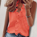 Women’s casual sleeveless V-neck top by Arenzza, light fabric, fitted style, shown in a soft pastel color on a hanger.