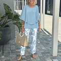 Aarenza women's casual two-piece set with printed top and matching pants, featuring a round neck and half sleeves.