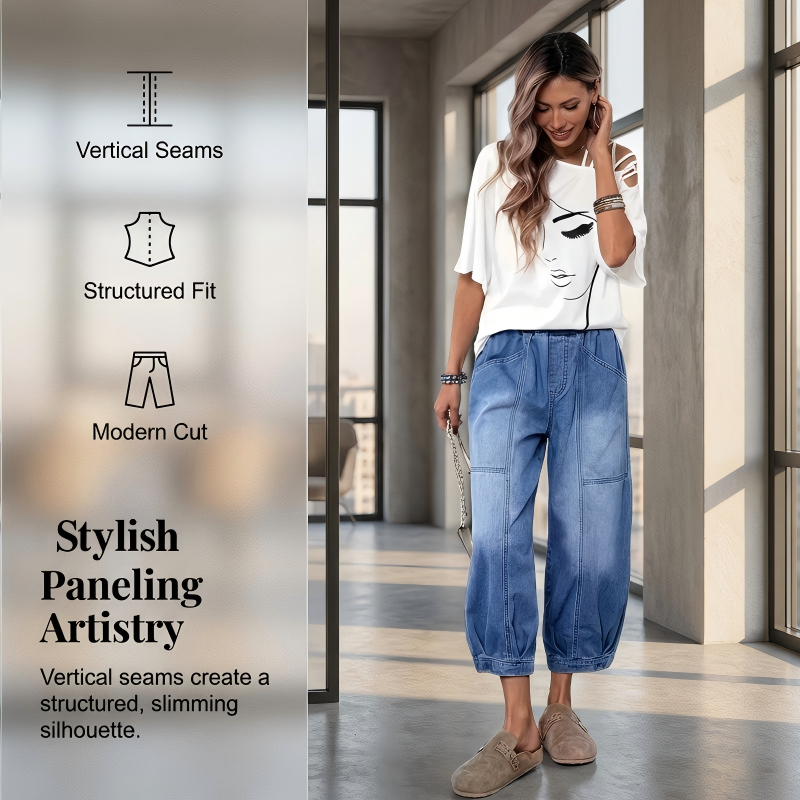 A woman wearing Arenzza women's elastic waist loose fit cropped jeans, showcasing relaxed fit and casual style.