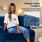 A pair of women’s loose fit cropped jeans with elastic waistband from Arenzza, showing the relaxed fit and denim fabric.
