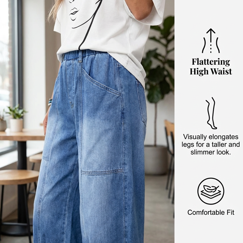 Women’s loose fit cropped jeans by Arenzza featuring an elastic waistband and casual, relaxed style.