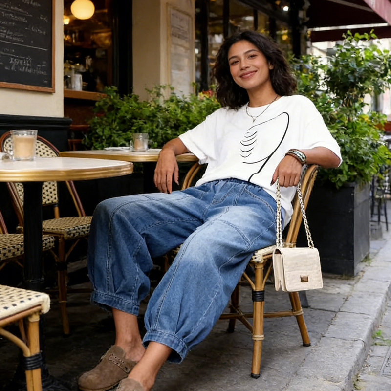 A woman wearing Arenzza women's elastic waist loose fit cropped jeans, showcasing relaxed fit and casual style.
