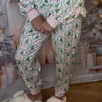 Aarenzza cozy Christmas long-sleeve top and pants set for women, featuring festive red and green patterns, comfortable knit fabric.