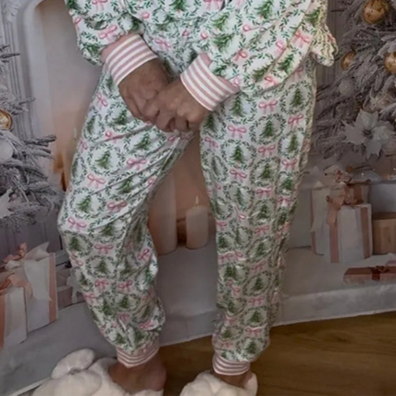 Aarenzza cozy Christmas long-sleeve top and pants set for women, featuring festive red and green patterns, comfortable knit fabric.