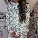 Aarenza cozy Christmas long-sleeve top and pants set for women, featuring festive red and green holiday patterns.
