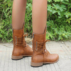 Arenzza women's lace-up low-heel ankle boots with round toe and stylish design, perfect for casual or dressy outfits.