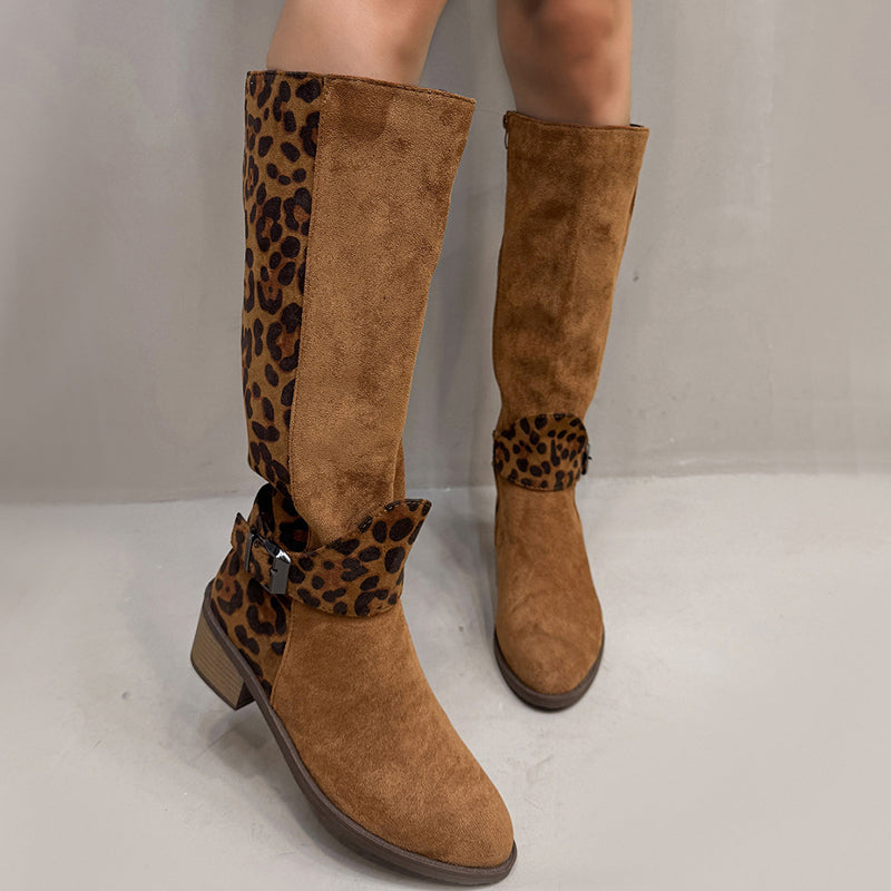 A pair of women's Leopard Print Riding Boots by Arenzza featuring stylish leopard pattern and classic riding boot design.