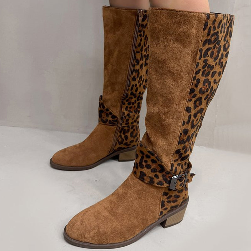 Women's leopard print riding boots by Arenzza featuring tall design, stylish leopard pattern, and buckle details.