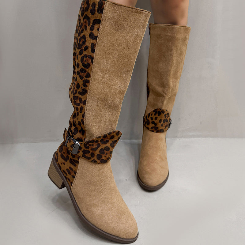 Women's leopard print riding boots by Arenzza, featuring tall silhouette and stylish animal print design.