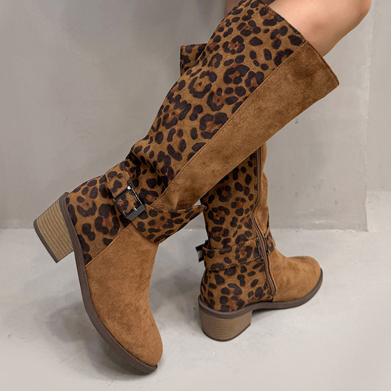 A pair of women's leopard print riding boots by Arenzza with brown and black animal print, stylish and knee-high for fashion and riding.