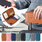 Arenzza 2026 Tourism Must RFID Passport Wallet shown open with multiple compartments for passports, cards, and travel documents.