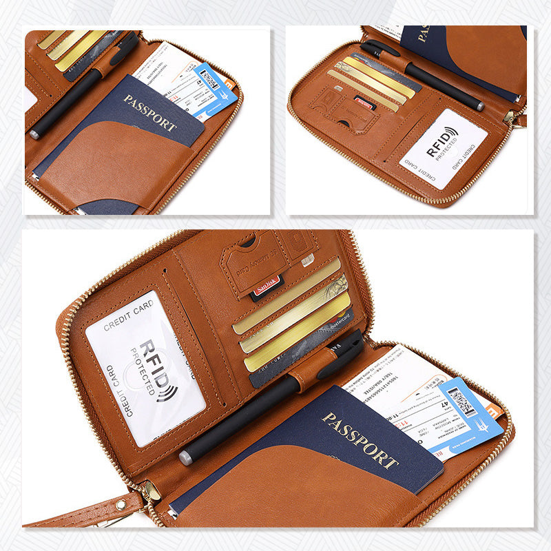 Arenzza RFID passport wallet with multiple compartments, black fabric, and travel accessories for secure passport and card storage.