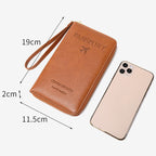 Arenzza RFID passport wallet with multiple compartments and travel accessories, designed for secure and organized travel.
