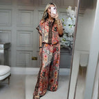 Aarenzza women's printed top and wide-leg pants 2-piece set, stylish clothing with floral pattern, perfect for casual or lounge wear.