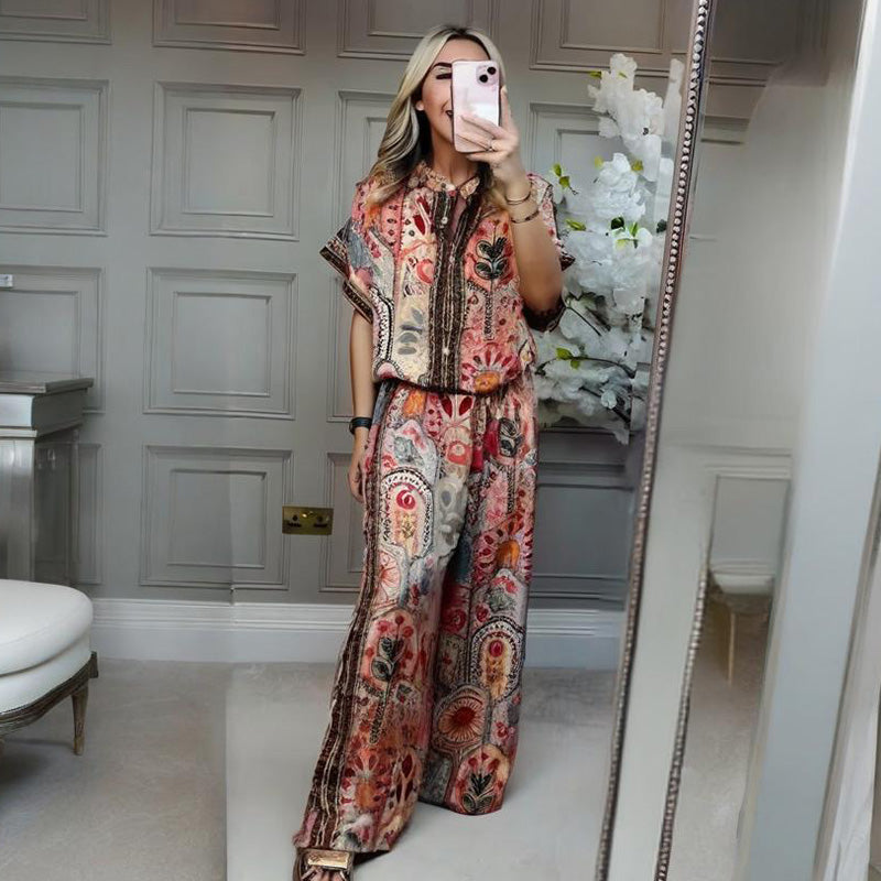 Aarenzza women's printed top and wide-leg pants 2-piece set, stylish clothing with floral pattern, perfect for casual or lounge wear.
