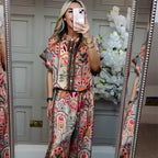Aarenza women's printed top and wide-leg pants 2-piece set, stylish clothing with colorful patterns and comfortable fit.