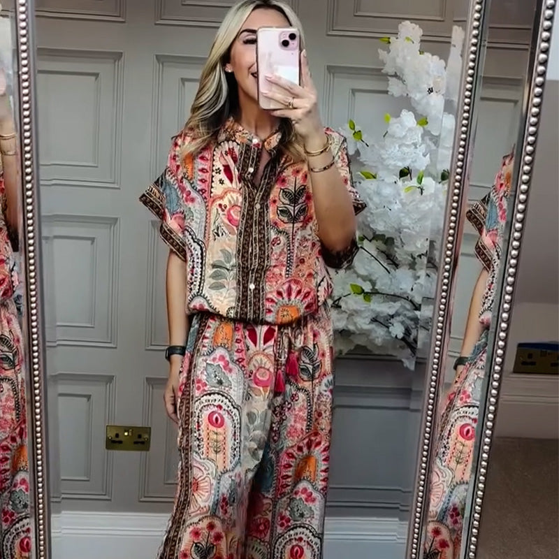 Aarenza women's printed top and wide-leg pants 2-piece set, stylish clothing with colorful patterns and comfortable fit.