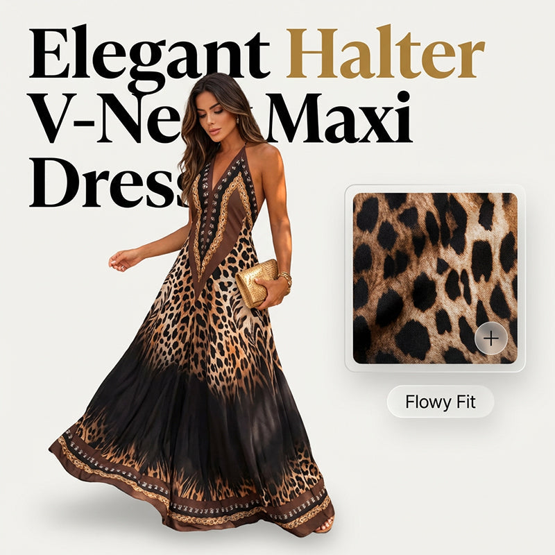 Aarenza animal print halter V-neck maxi dress with bold animal pattern and flowing silhouette, perfect for summer or casual wear.