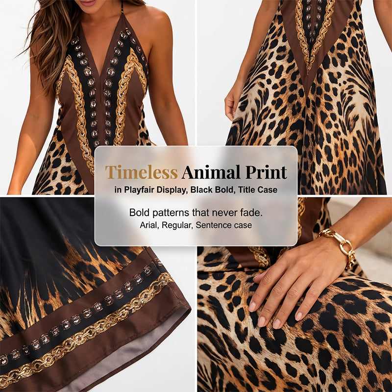 Aarenza animal print halter V-neck maxi dress with bold animal pattern and flowing silhouette on a white background.