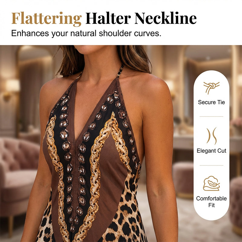 Aarenza animal print halter V-neck maxi dress featuring bold animal patterns and a flowing silhouette, perfect for stylish summer wear.