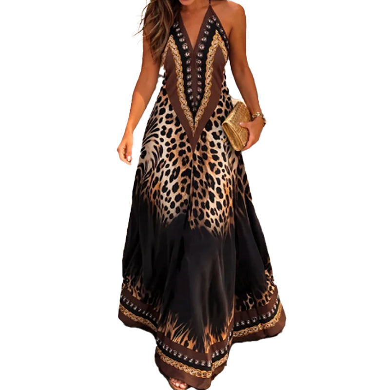 Animal print halter V-neck maxi dress by Arenzza, featuring bold animal pattern and flowing silhouette.