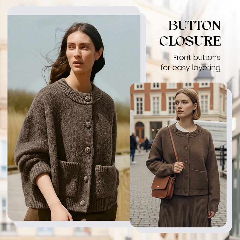 A beige CozyElegance Knit Cardigan by Arenzza featuring a soft, cozy knit fabric and a relaxed fit, perfect for casual wear.