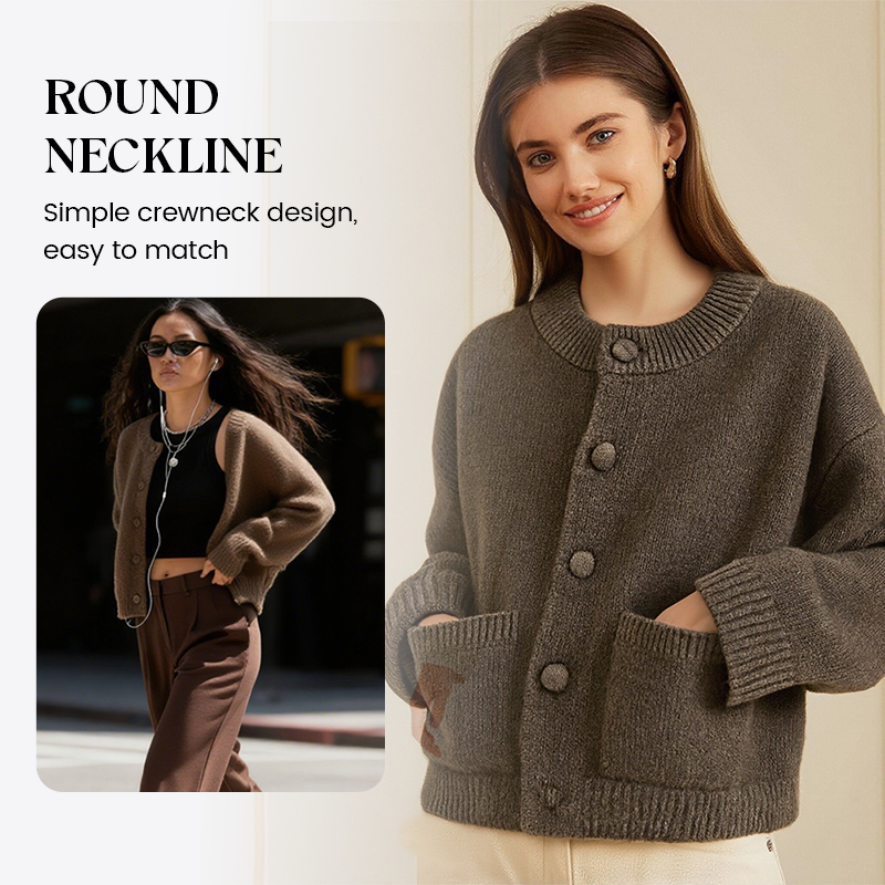 A beige Arenzza CozyElegance knit cardigan with a relaxed fit, featuring a V-neck and long sleeves, styled for casual wear.