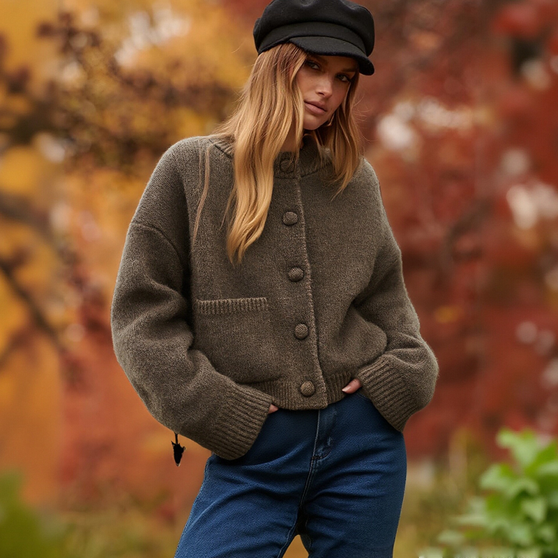 A beige Arenzza CozyElegance knit cardigan with a relaxed fit and ribbed cuffs, perfect for casual warm layering.