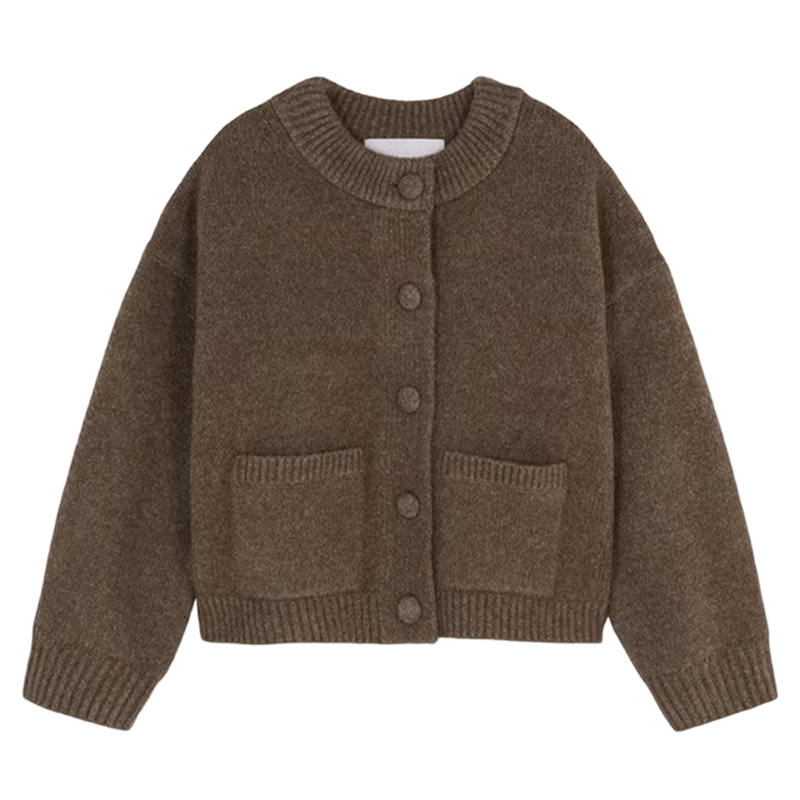 A beige Arenzza CozyElegance Knit Cardigan with a relaxed fit and ribbed cuffs, styled with a front button closure.