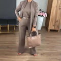 Arenzza 3-piece longline cardigan, top, and pants set featuring a stylish, elegant design in a coordinated clothing ensemble.