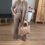 Arenzza 3-piece longline cardigan, top, and pants set featuring a stylish, elegant design in a coordinated clothing ensemble.