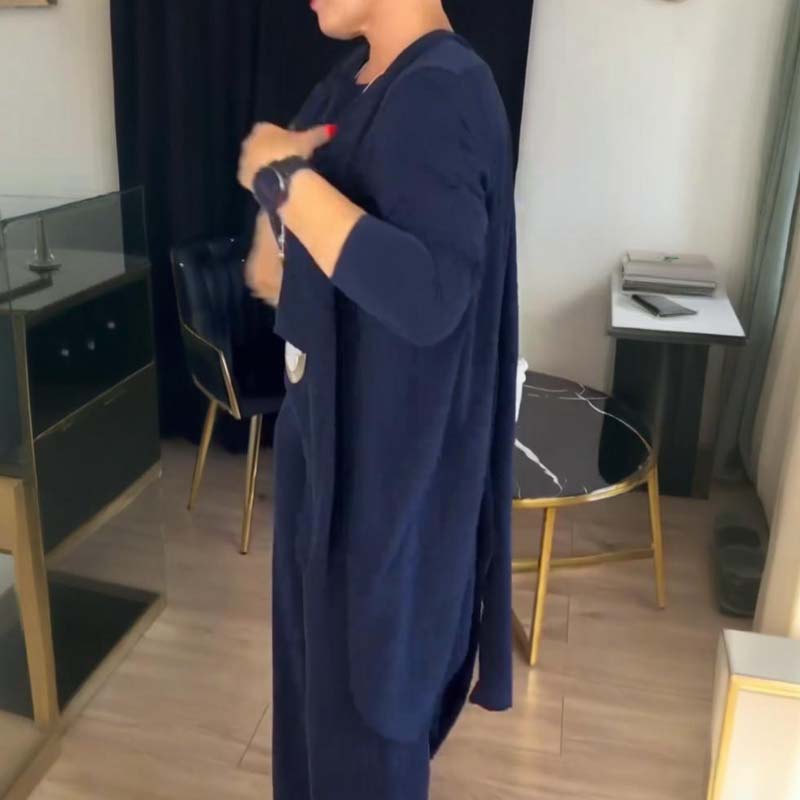 Arenzza elegant longline cardigan, matching top and pants 3-piece set in neutral tones, styled for a sophisticated look.